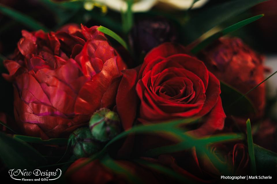 A close up of a bouquet of Red Roses and Ranunculus
